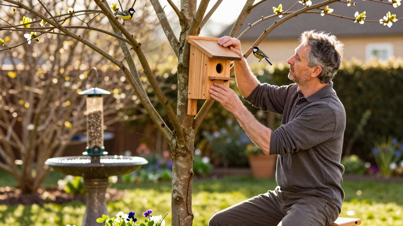 Homem instala casa de passarinho em árvore florida num jardim ensolarado.