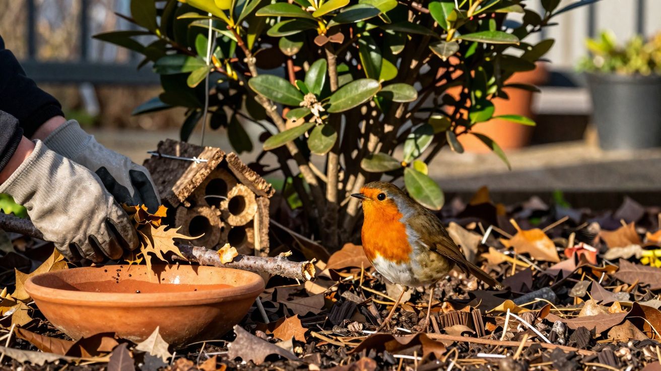 Pássaro com peito laranja no chão entre folhas secas e mãos com luvas cuidando de planta e casinha de pássaros.