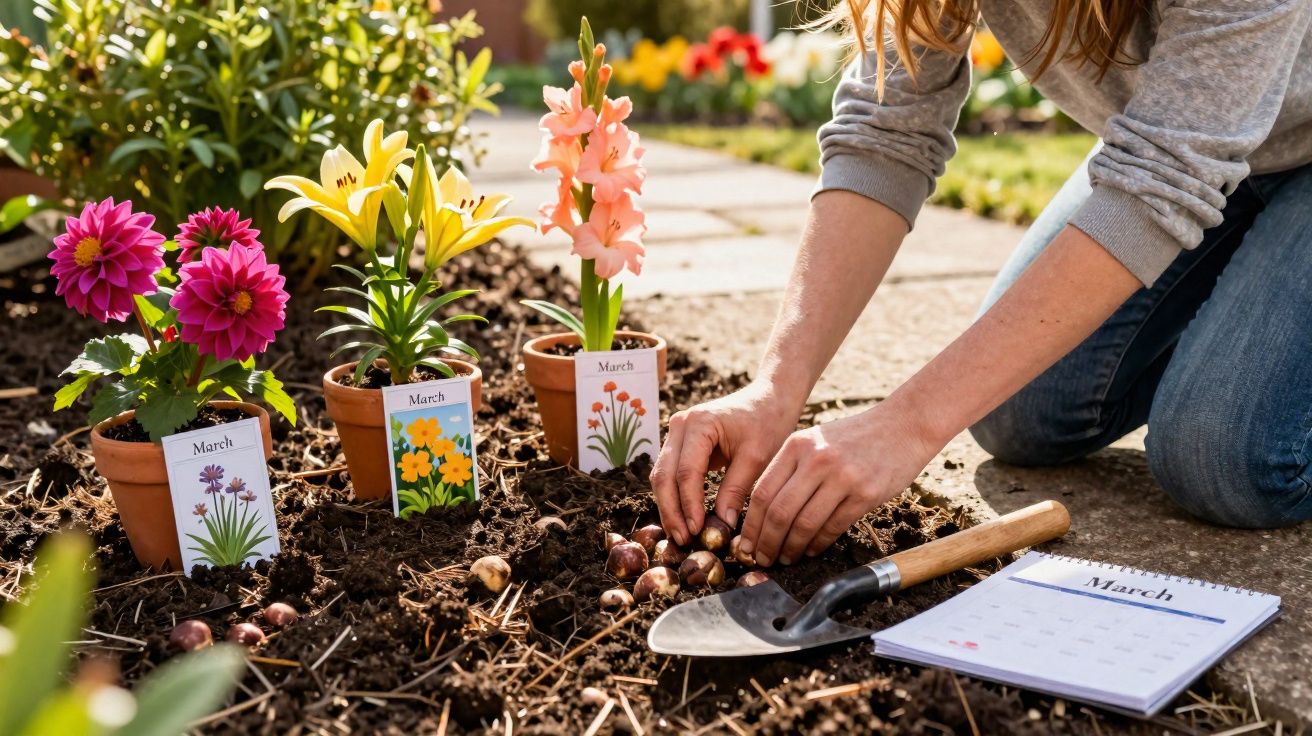 Pessoa plantando bulbos de flores na terra ao lado de vasos com flores coloridas e calendário de março.