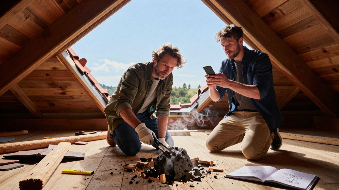 Dois homens examinando e fotografando objeto estranho fumegante no sótão de madeira iluminado pela luz natural.