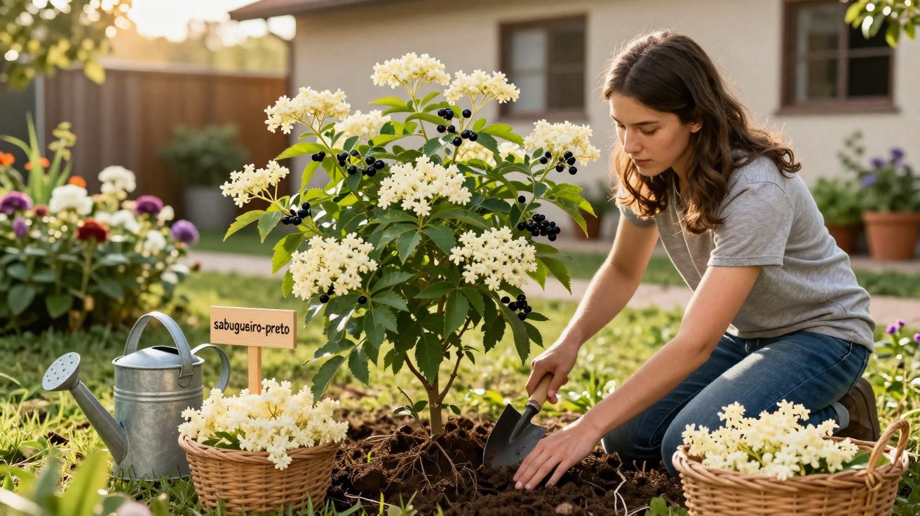 Mulher plantando arbusto com flores brancas e frutos pretos em jardim residencial ensolarado.