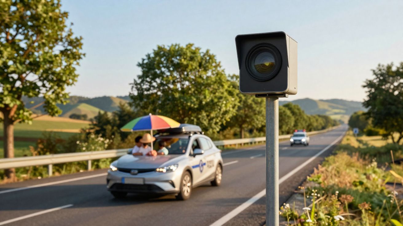 Radar de velocidade próximo à estrada onde carro branco com pessoas e guarda-chuva colorido passa em área rural.