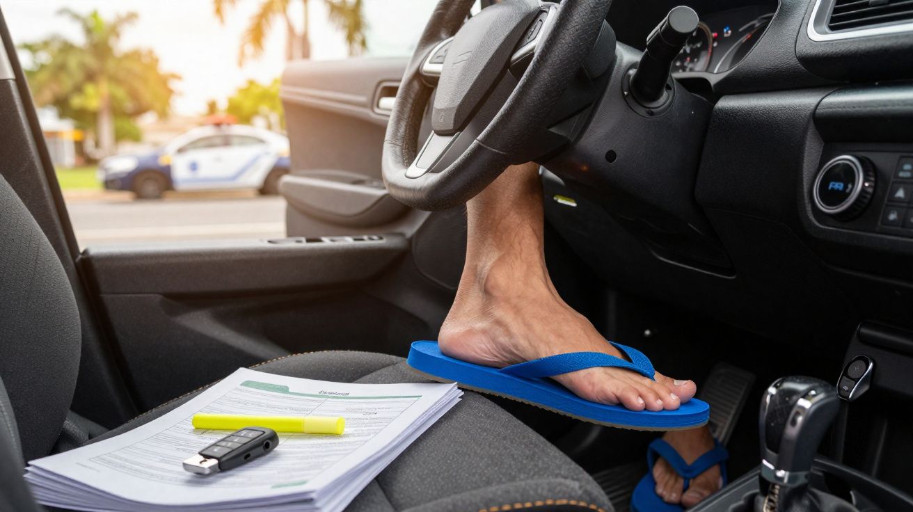 Pé descalço usando chinelo azul no pedal de um carro, com documentos, marcador e chave no banco.