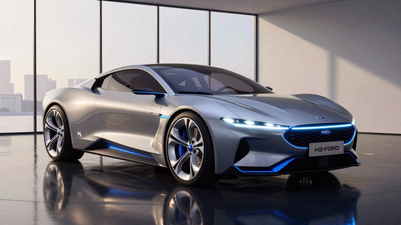 Carro esportivo Ford H2 prateado com detalhes em azul dentro de showroom moderno com janelas grandes.