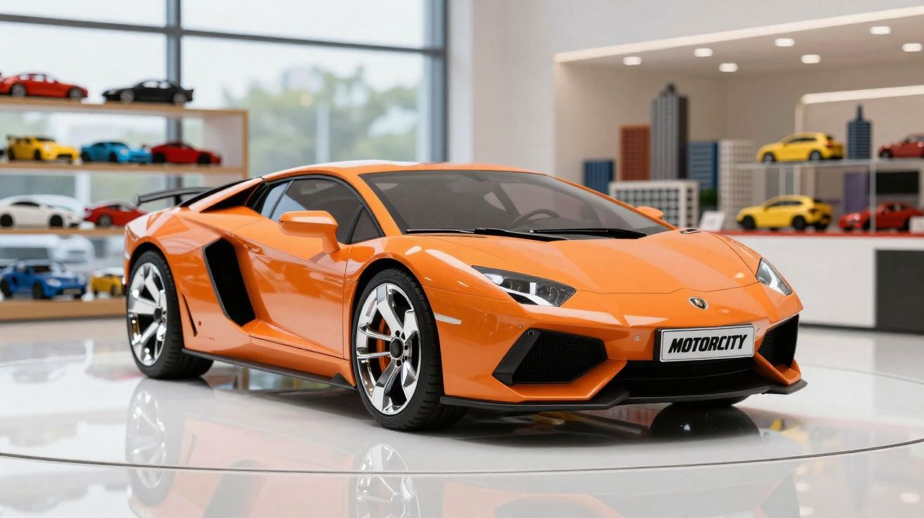 Carro esportivo laranja em miniatura em exposição em showroom com prateleiras de miniaturas ao fundo.