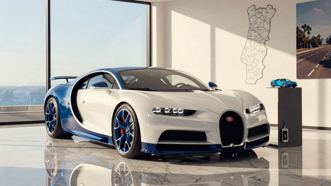 Carro esportivo branco e azul estacionado em sala com piso de mármore e vista para o mar.