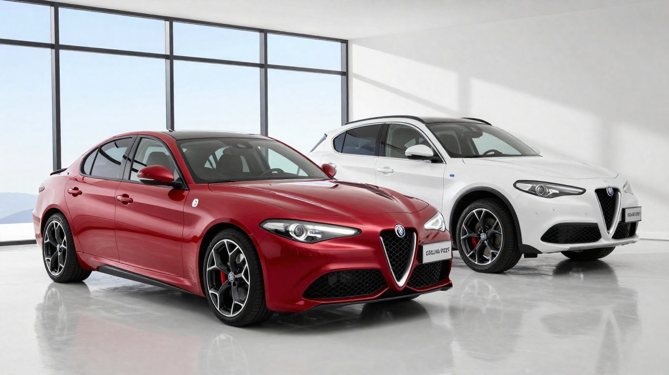 Dois carros Alfa Romeo, um sedã vermelho e um SUV branco, em ambiente interno com piso refletivo.