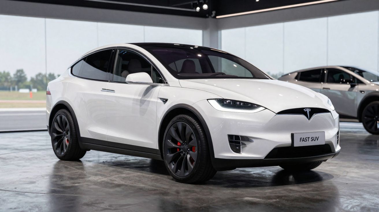 SUV elétrico Tesla branco estacionado em espaço interno moderno com piso cinza brilhante