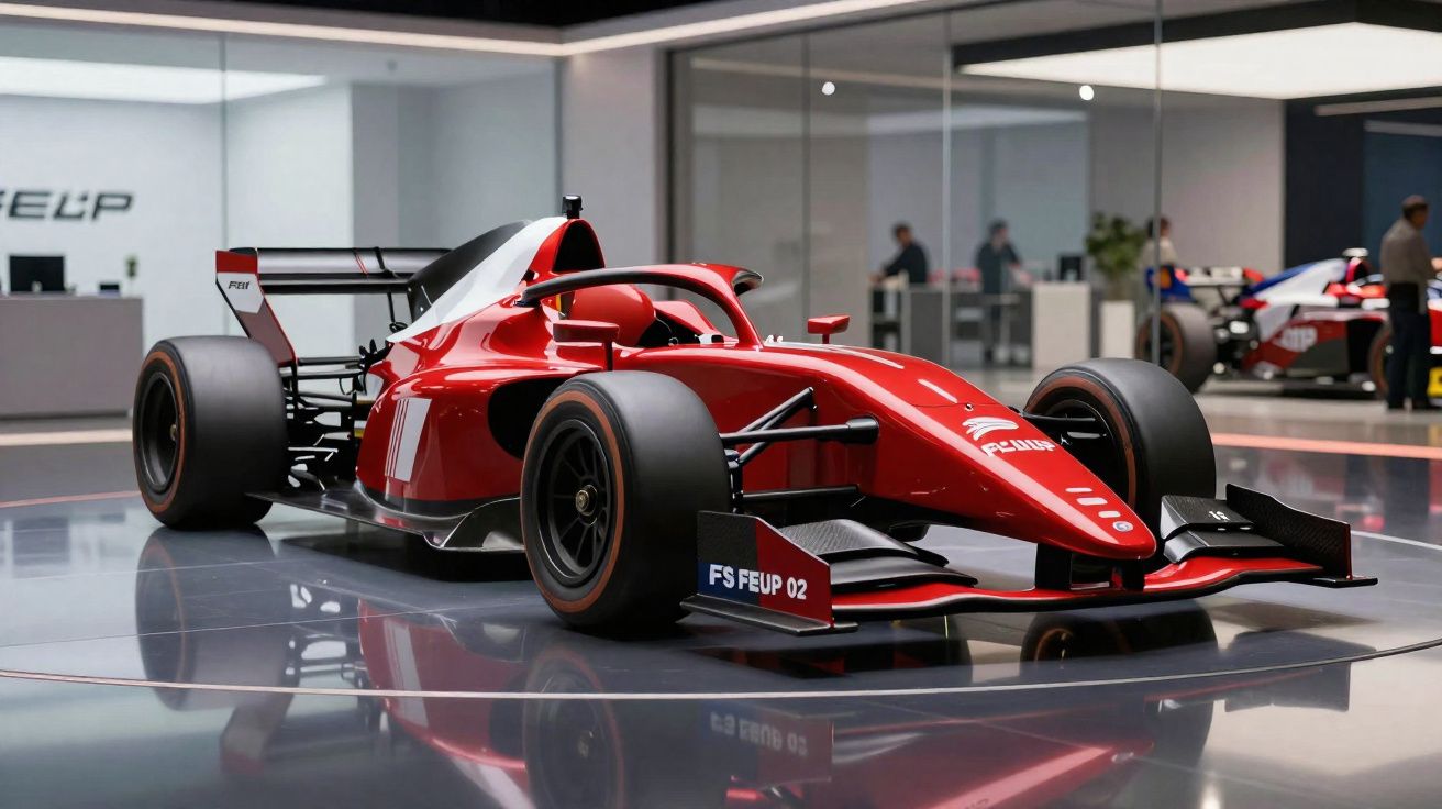 Carro de corrida vermelho estilo Fórmula 1 exposto em sala moderna com piso brilhante.