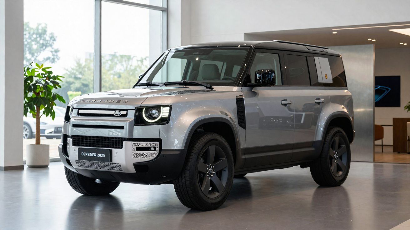 Carro SUV Land Rover Defender 2023 cinza estacionado em showroom moderno e iluminado.