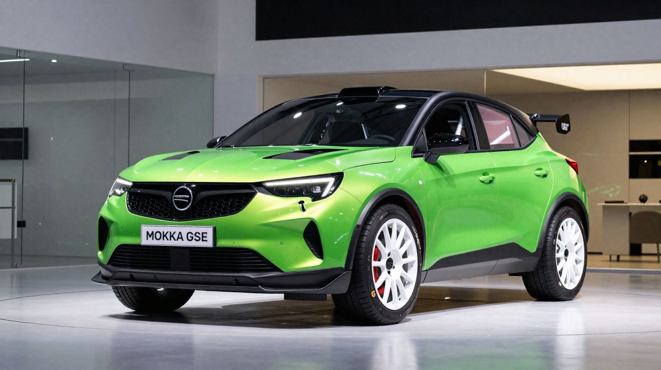 Carro esportivo verde com rodas brancas, teto preto e destaque para aerofólio traseiro em ambiente interno moderno.