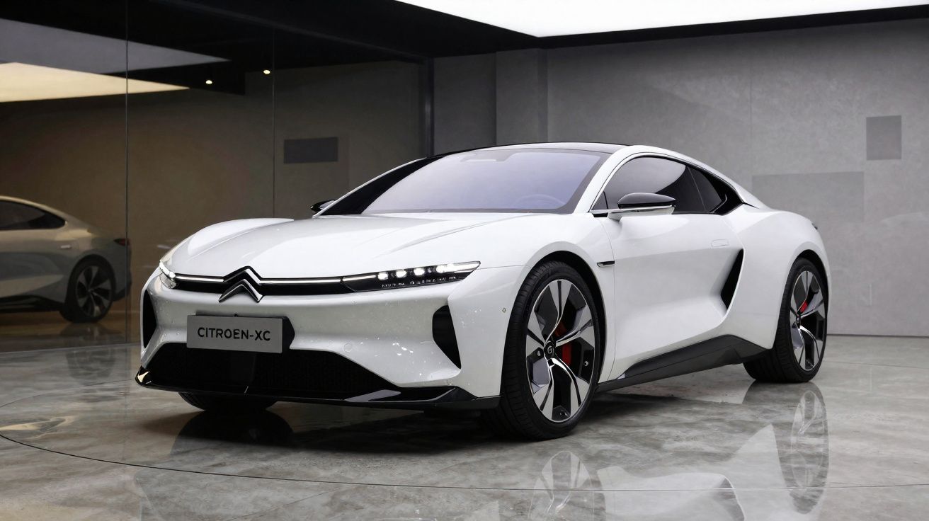 Carro esportivo branco Citroën XC em ambiente interno com piso refletivo e linhas modernas.