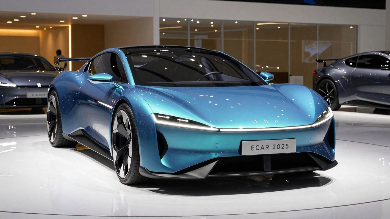 Carro esportivo elétrico azul metálico ECAR 2025 exposto em salão com iluminação moderna.