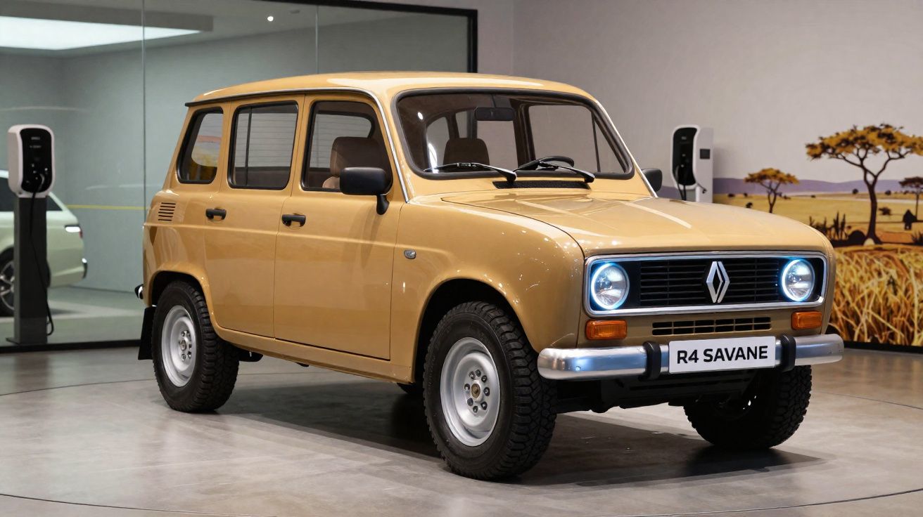 Renault R4 Savane bege estacionado em ambiente interno, com faróis acesos e parede decorada ao fundo.