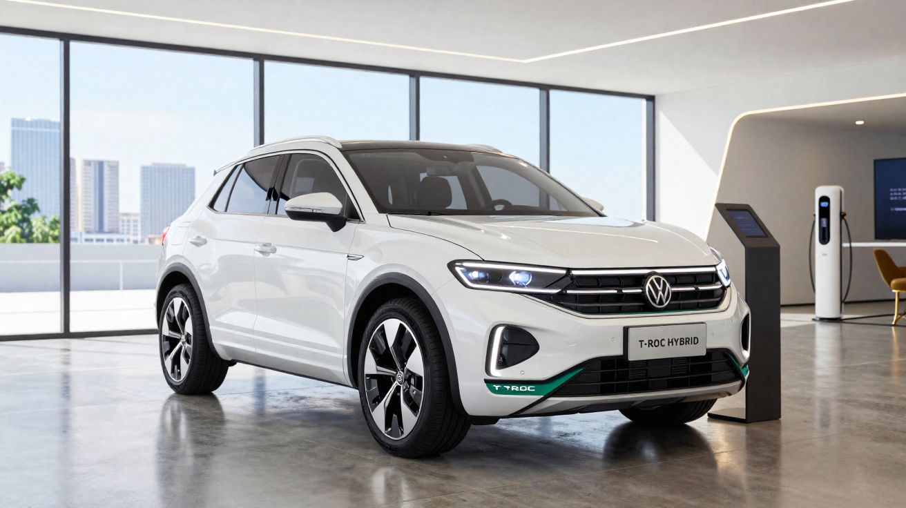 Carro SUV Volkswagen T-Roc Hybrid branco em showroom moderno com painel de carregamento elétrico.