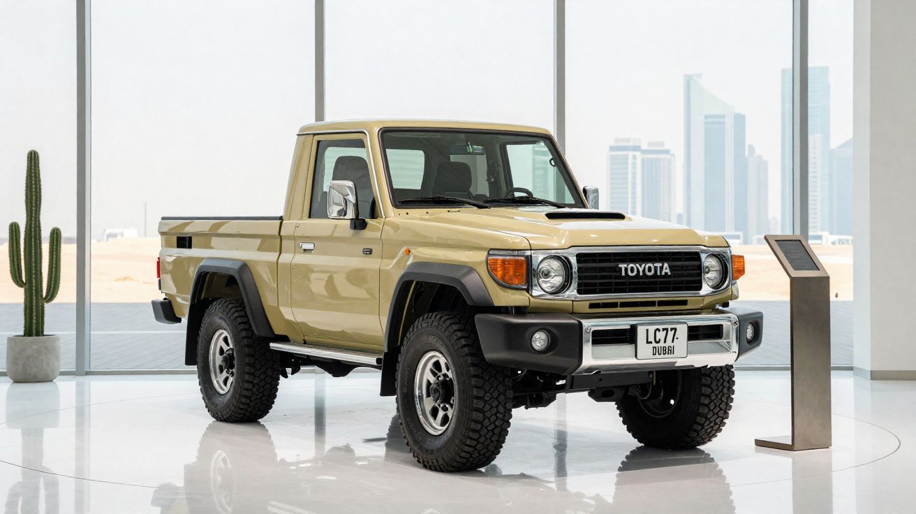 Picape Toyota Land Cruiser LC77 bege exibida em salão moderno com piso brilhante e vista urbana ao fundo.