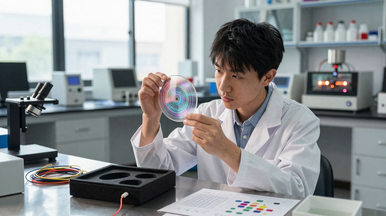 Cientista analisando disco transparente com padrões coloridos em laboratório moderno.
