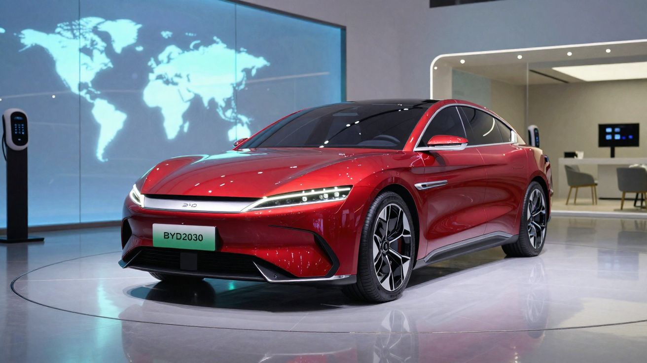 Carro elétrico esportivo vermelho BYD2030 exibido em showroom moderno com mapa-múndi ao fundo.