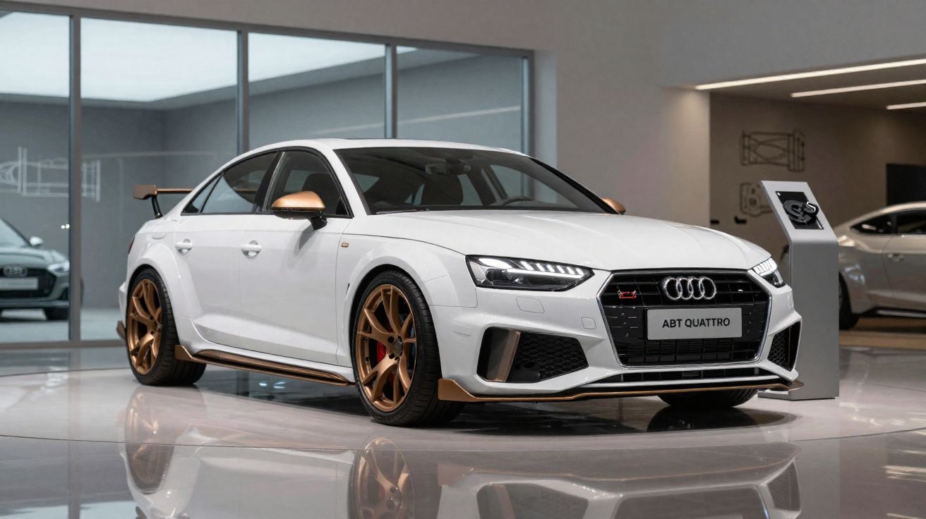 Carro esportivo Audi branco com detalhes dourados em exposição interna, modelo ABT Quattro.