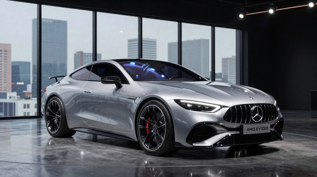 Carro esportivo Mercedes-Benz AMG EV 1000 prata exibido em showroom moderno com janelas grandes.