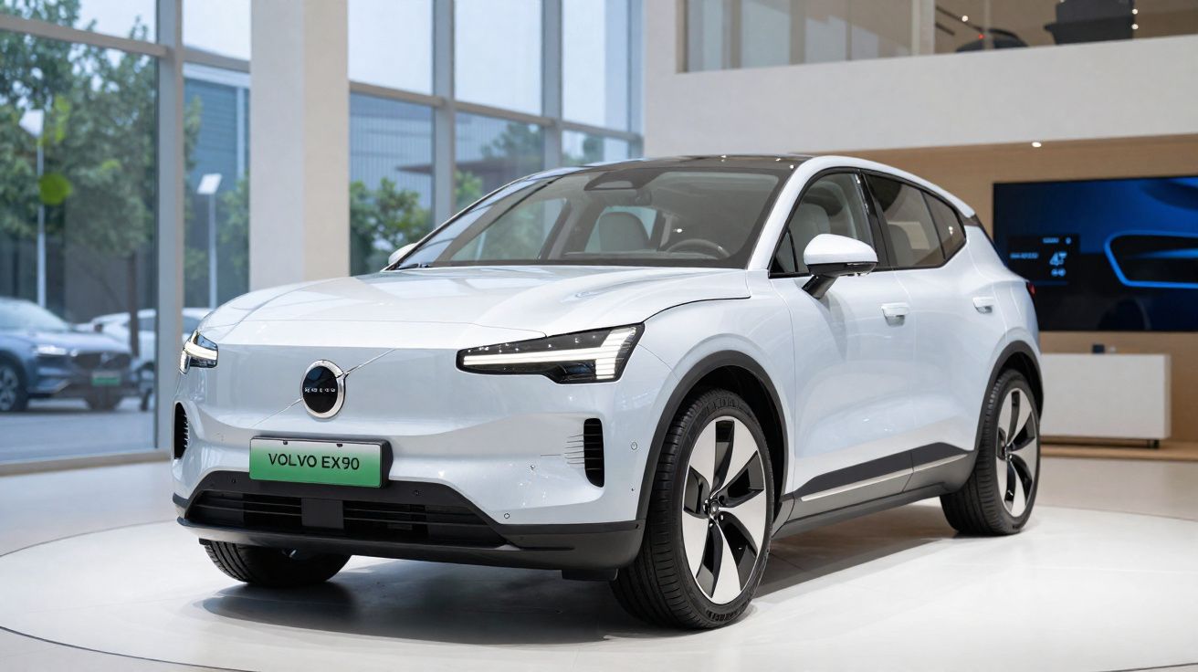 Carro elétrico branco Volvo EX90 em exposição em ambiente moderno e bem iluminado.