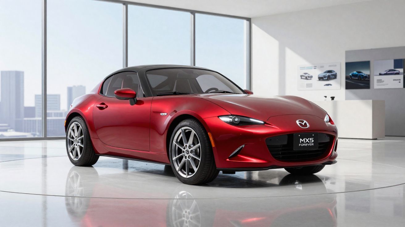 Carro esportivo vermelho Mazda MX-5 estacionado em salão moderno com janelas amplas e piso brilhante.