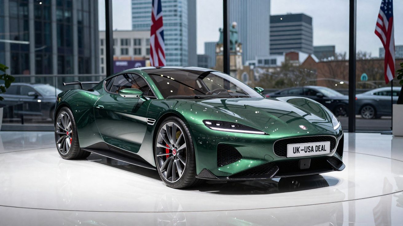 Carro esportivo verde metálico exibido em salão com bandeiras do Reino Unido e Estados Unidos ao fundo.