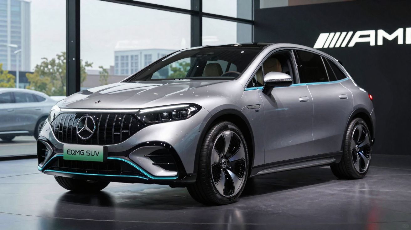 Carro elétrico Mercedes-Benz EQMG SUV prata estacionado em salão com logo AMG ao fundo.