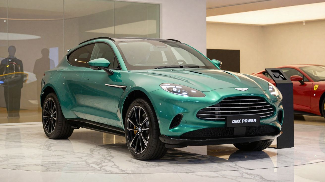 Carro verde Aston Martin DBX Power exibido em showroom com piso refletivo e carro vermelho ao fundo.
