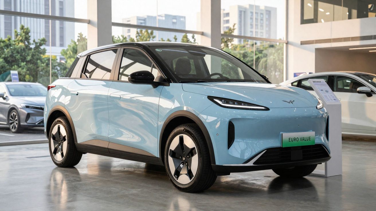 Carro elétrico azul claro exposto em showroom com design moderno e teto preto, ambiente urbano ao fundo.