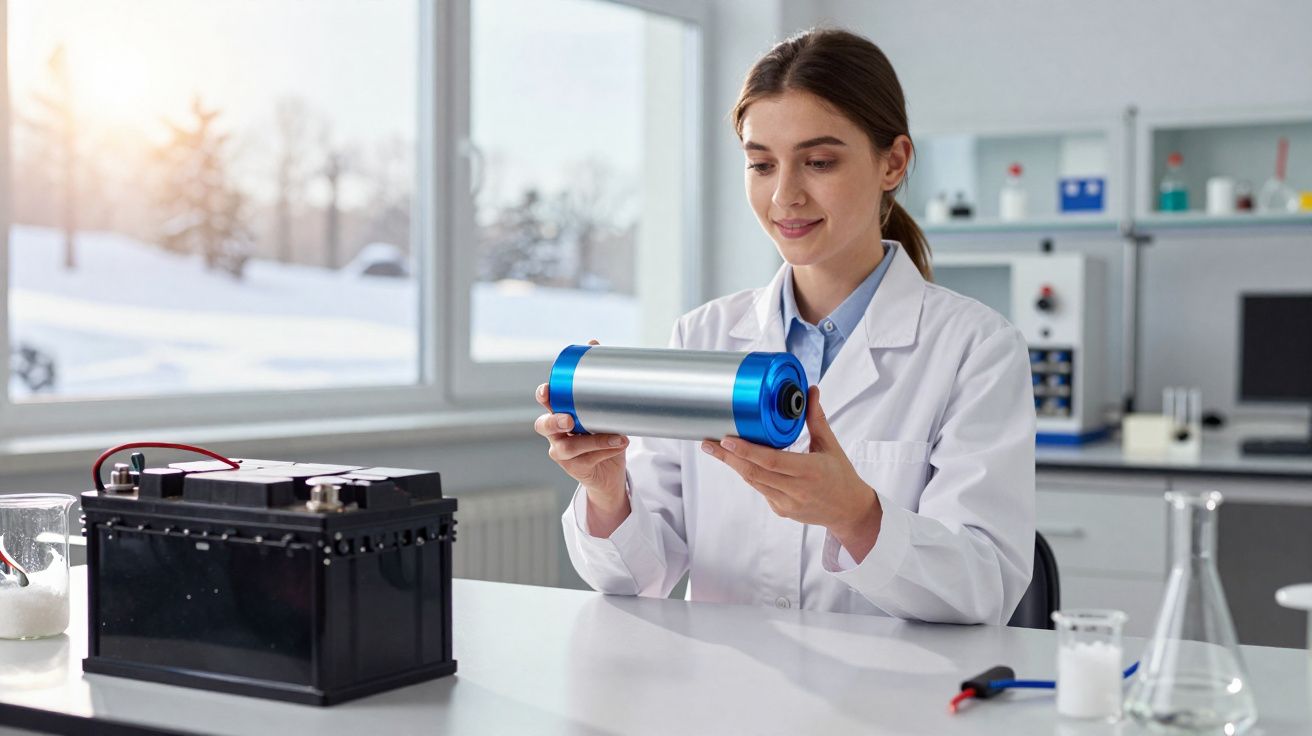 Cientista mulher em laboratório segurando bateria cilíndrica azul e prata perto de bateria automotiva preta.
