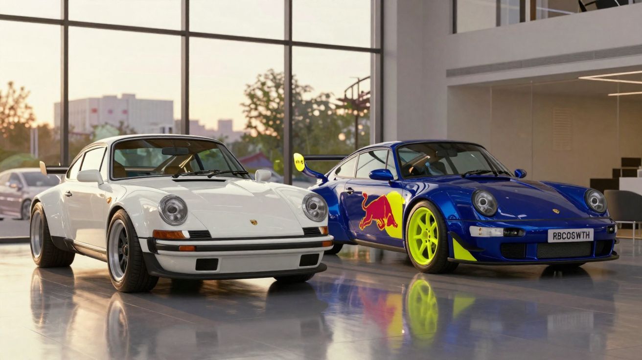 Dois carros esportivos Porsche clássicos estacionados em piso brilhante dentro de prédio com janelas grandes.