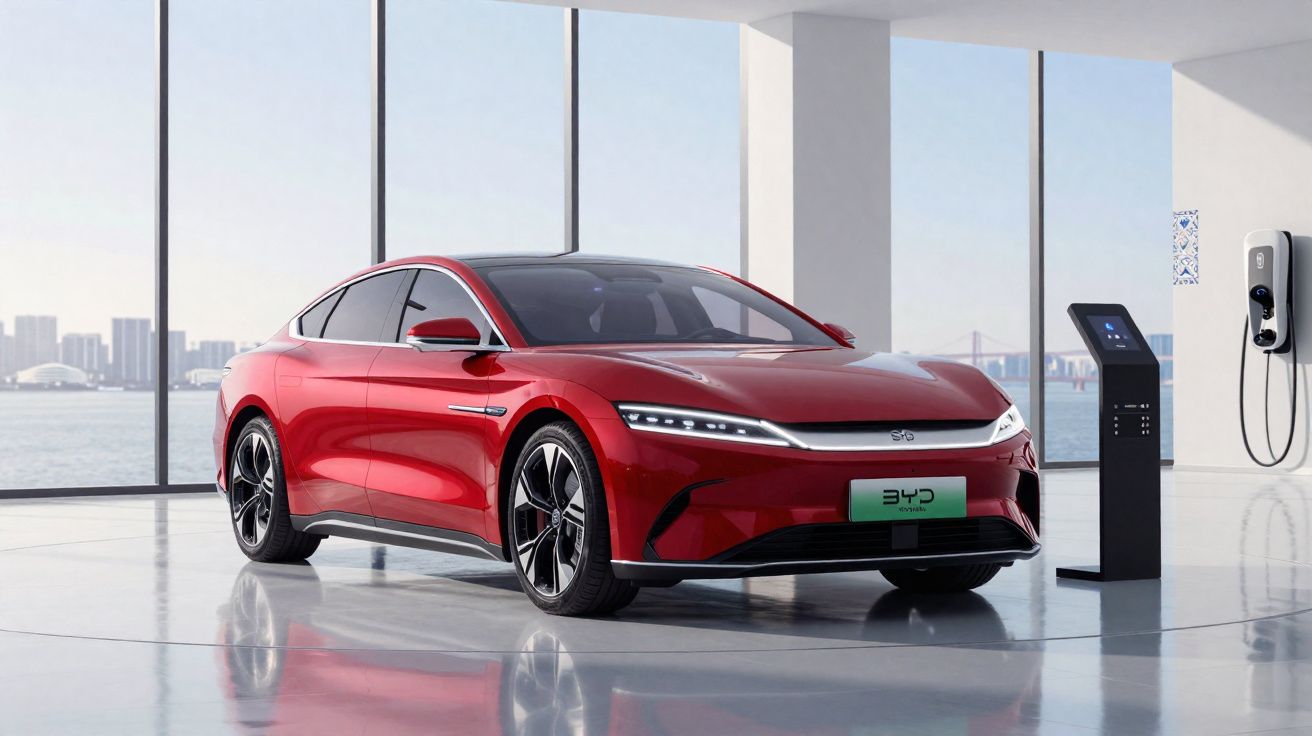 Carro elétrico vermelho em ambiente moderno, estacionado ao lado de estação de recarga.