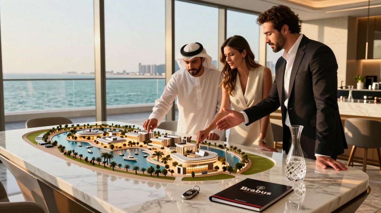 Três pessoas analisam maquete arquitetônica de condomínio de luxo à beira-mar em sala moderna com vista panorâmica.