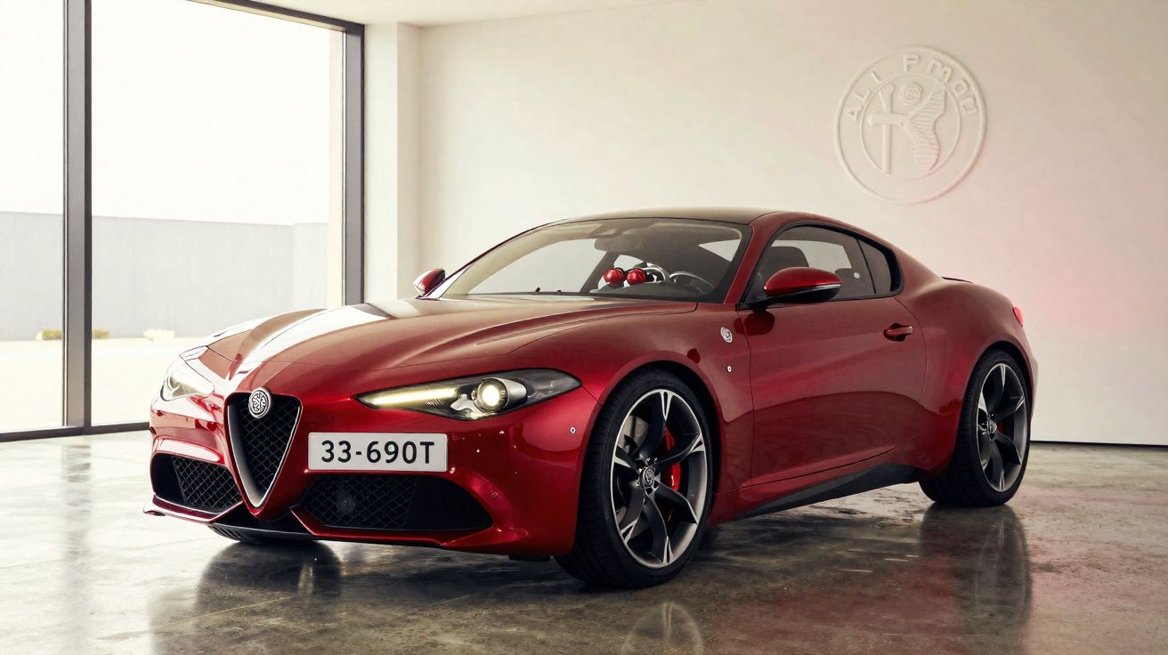 Carro esportivo Alfa Romeo vermelho estacionado em garagem com piso de concreto e luz natural.