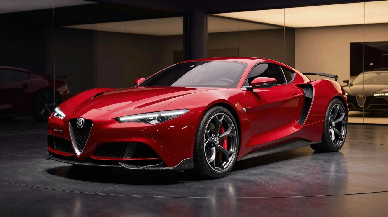 Carro esportivo vermelho Alfa Romeo com design aerodinâmico exibido em showroom moderno e iluminado.