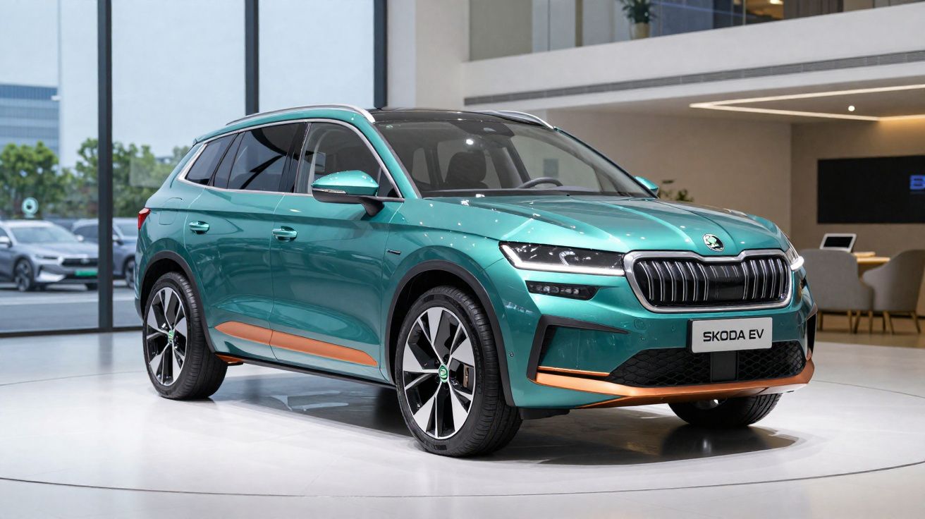 Carro elétrico SUV verde metálico da Skoda modelo EV em exposição interna, moderno e elegante.