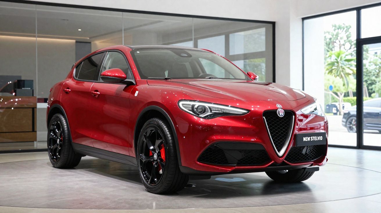 Carro SUV vermelho Alfa Romeo Stelvio novo exposto em showroom moderno iluminado.