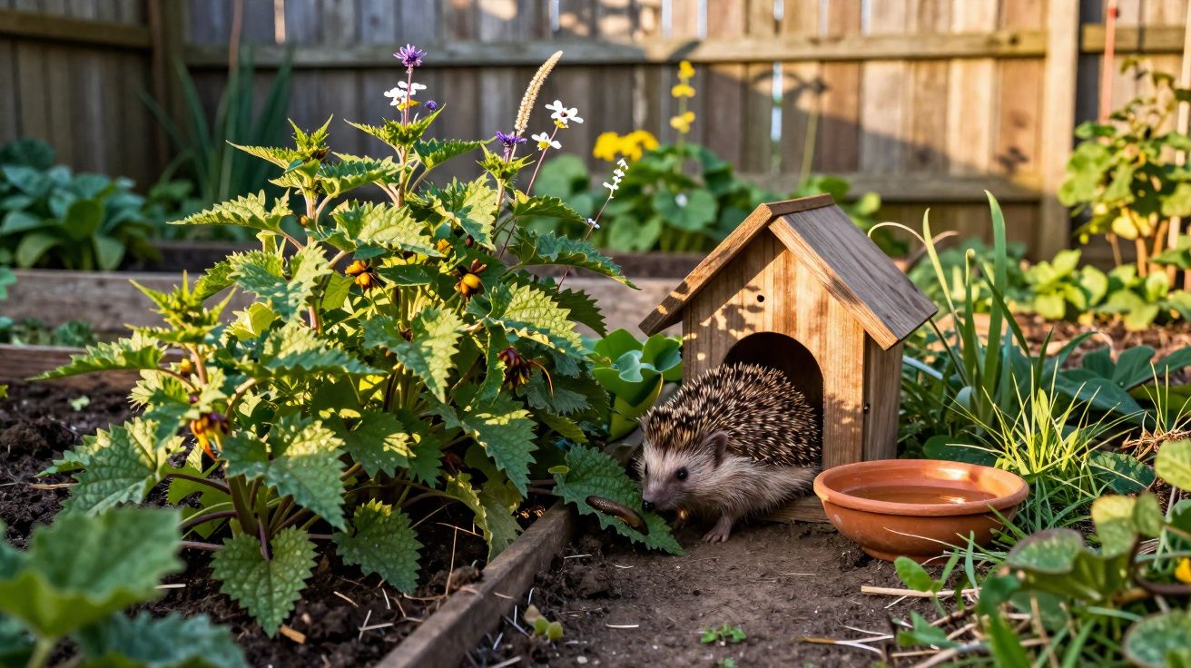 Ouriço saindo de casinha de madeira em jardim com flores e plantas verdes ao redor.