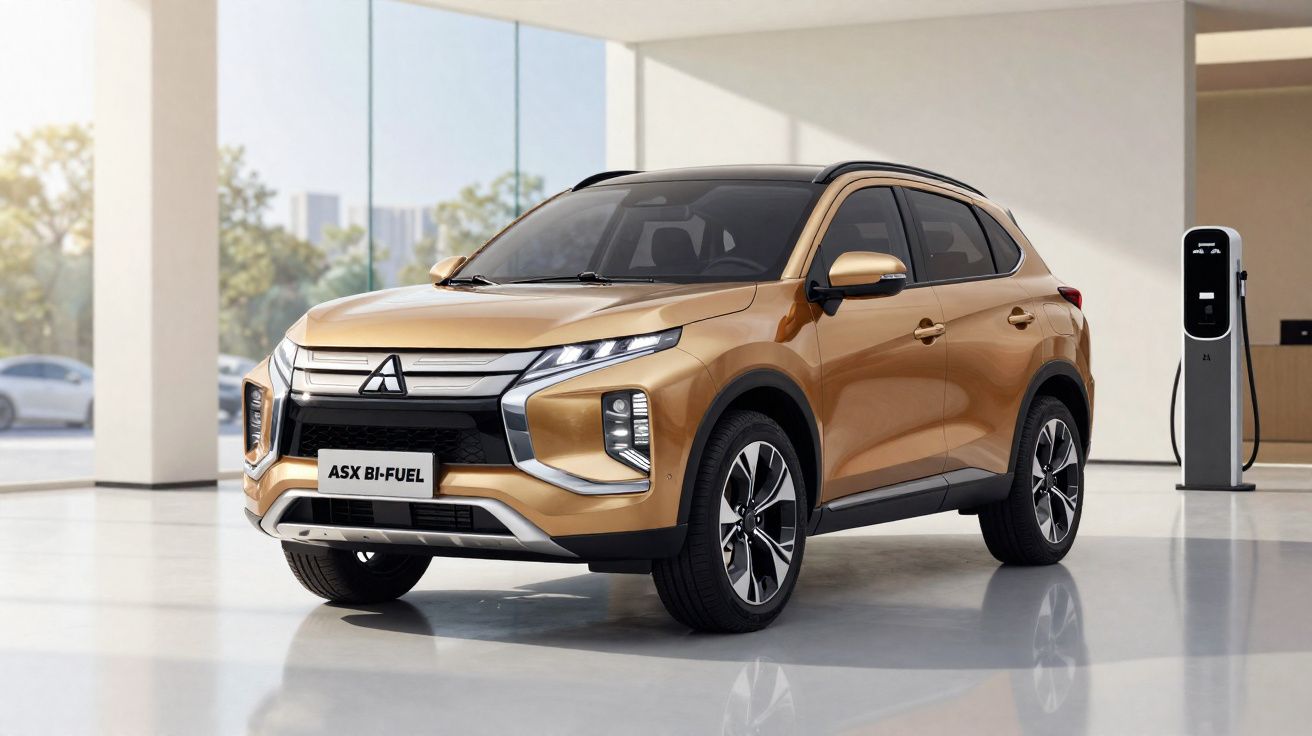 SUV Mitsubishi ASX Bi-Fuel dourado estacionado em ambiente interno moderno com carregador elétrico.