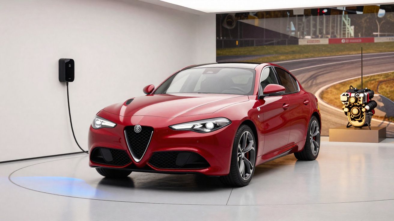 Carro elétrico esportivo vermelho Alfa Romeo estacionado em ambiente interno com estação de recarga na parede.