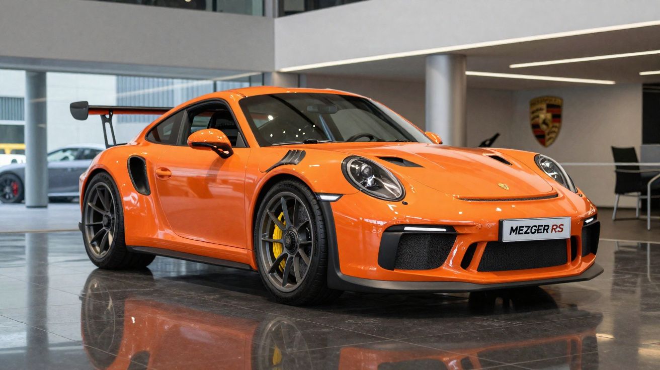 Carro esportivo Porsche 911 GT3 RS laranja em showroom moderno com piso brilhante e logo Porsche ao fundo.
