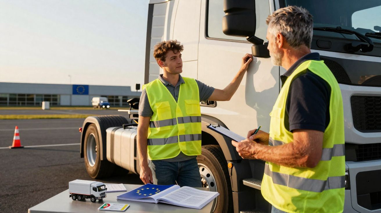 Dois homens com coletes refletores conversam ao lado de um caminhão branco em área de inspeção veicular.
