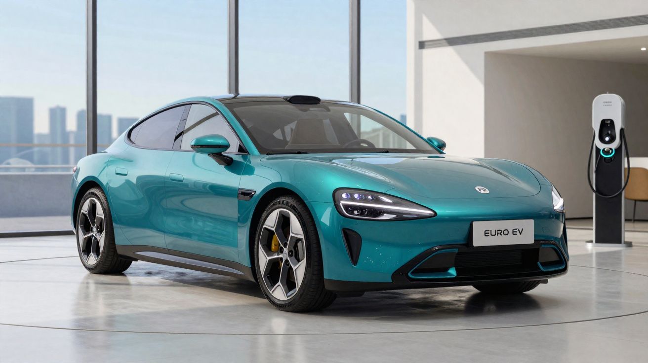 Carro elétrico esportivo azul estacionado em ambiente interno com estação de recarga ao fundo.