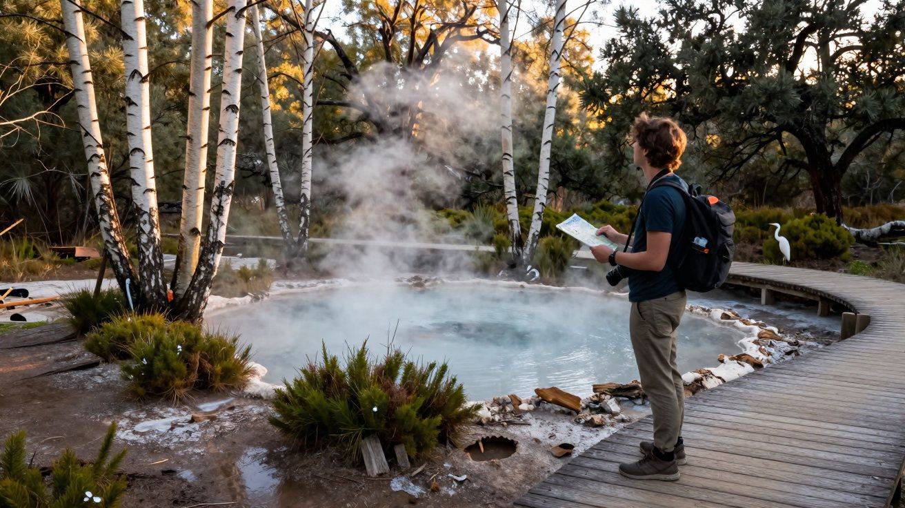 Homem observando piscina natural com vapor ao redor de árvores e passarela de madeira em área de natureza.