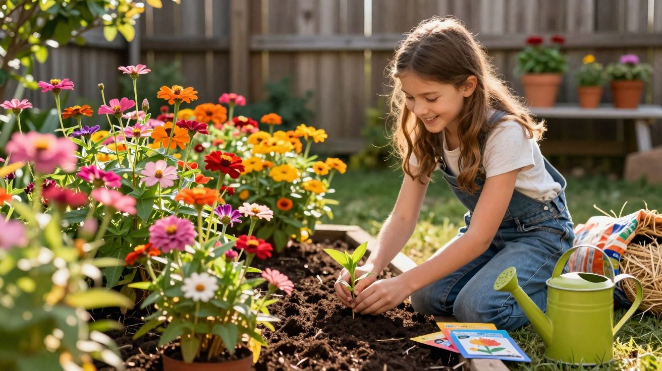 Menina sorridente plantando muda no jardim com flores coloridas e regador verde ao lado.