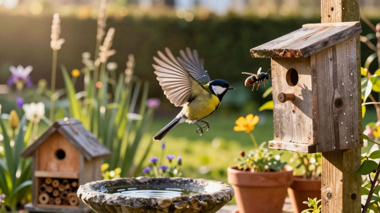 Pássaro e vespa voando perto de casa de madeira em jardim com plantas e flores ao fundo.