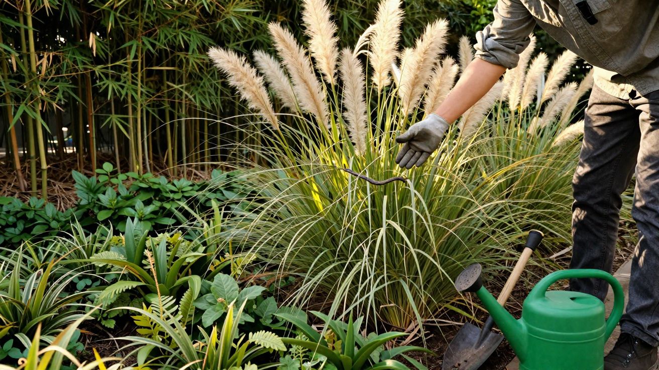 Pessoa com luvas cuidando do jardim, segurando planta, com regador e enxada ao lado.