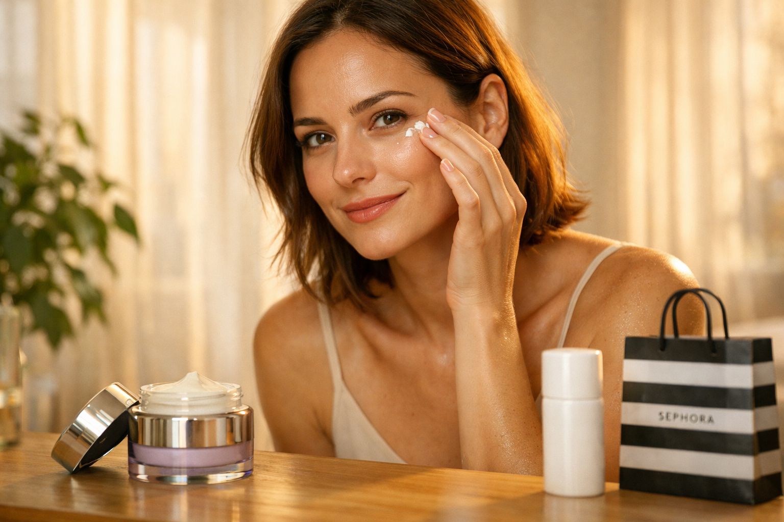 Mulher aplicando creme hidratante no rosto, com produtos de beleza sobre a mesa à frente.