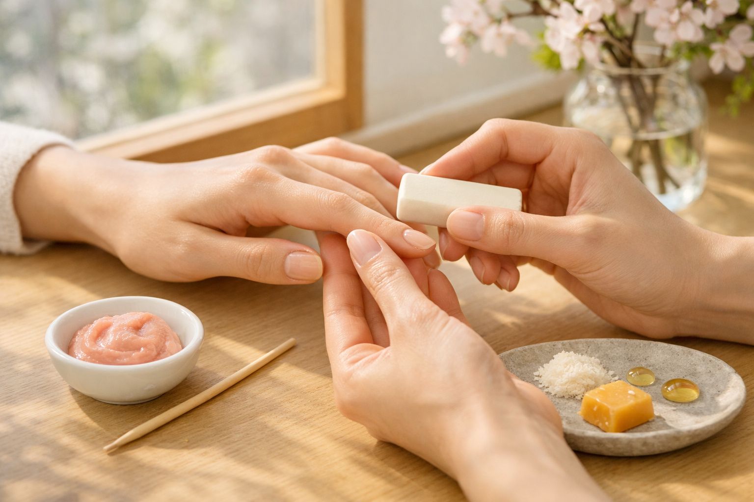 Pessoa lixando as unhas de outra em ambiente claro com produtos de manicure sobre mesa de madeira.